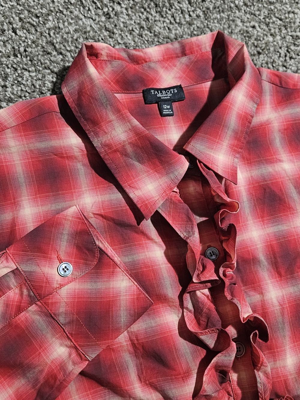 Talbot's Red Plaid Button Up Shirt Blouse with Ruffle Accent Women’s Size 12W